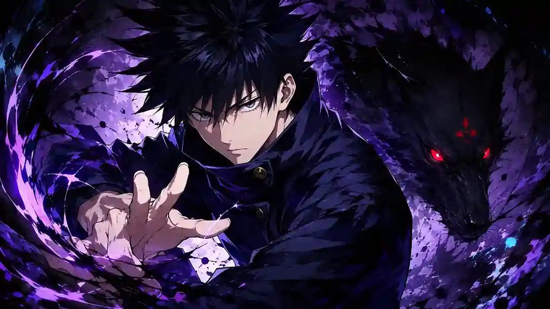 Megumi Fushiguro using his shadow technique with a dark wolf shikigami