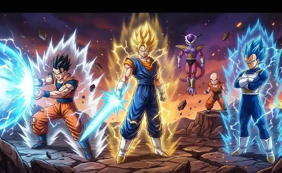 Epic banner showcasing iconic Dragon Ball Z characters including Super Saiyan Vegito, Gohan, Vegeta, Krillin, and villain Frieza on a battlefield.