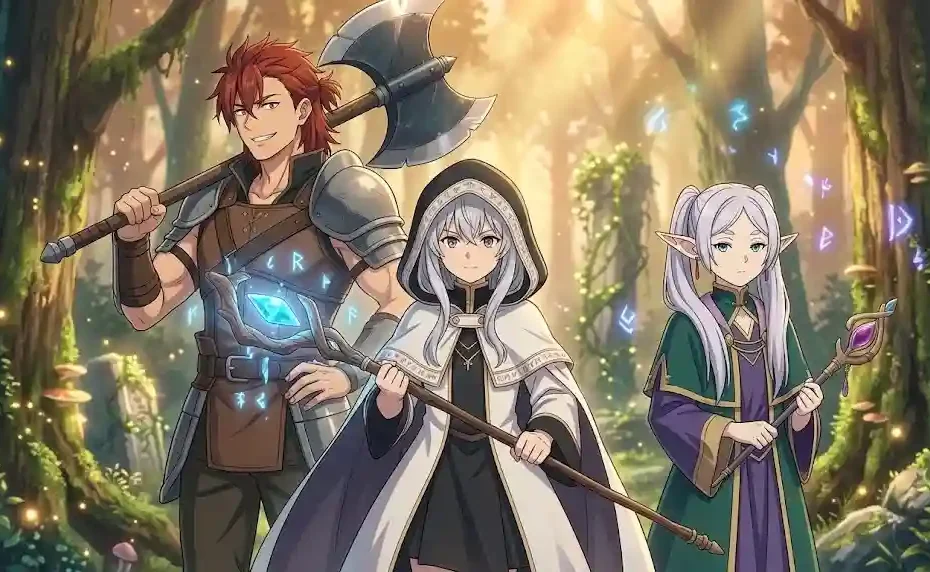 fern frieren anime key visual artwork in enchanted forest