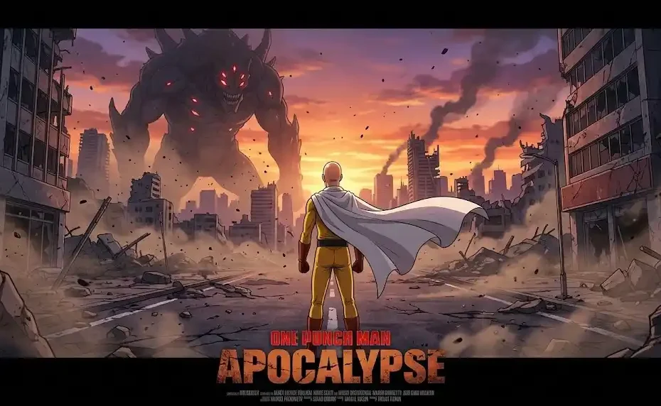 One Punch Man anime movie poster featuring Saitama in a destroyed city