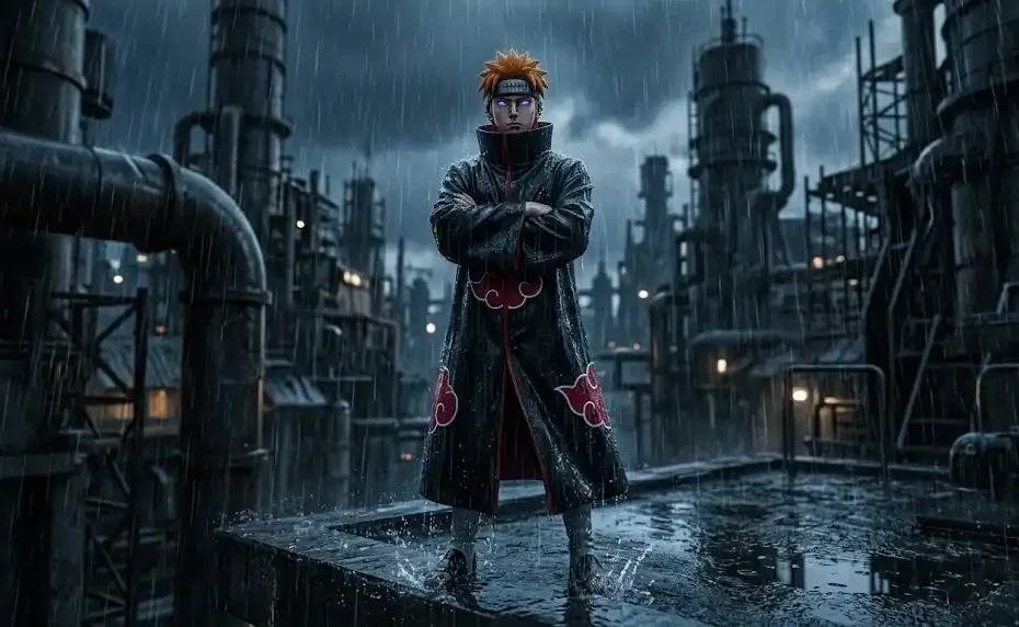 Pain Naruto Deva Path standing in rain with glowing purple Rinnegan eyes in Hidden Rain Village