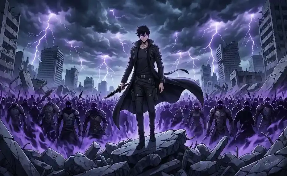Cinematic anime art of Sung Jin-Woo with shadow army for Solo Leveling Season 3