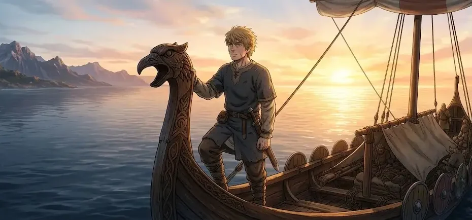 Young blonde warrior Thorfinn standing on a Viking longship at sunrise - Vinland Saga