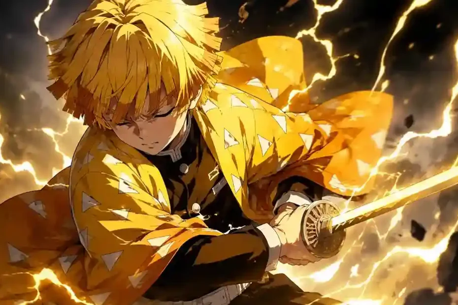 Zenitsu Agatsuma wielding his sword surrounded by golden lightning