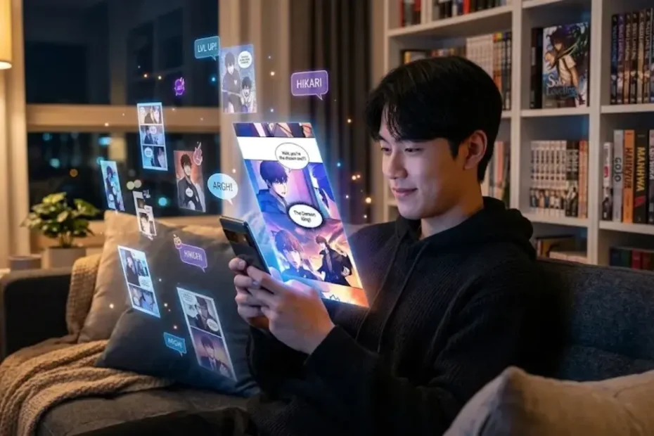 Toongod manhwa reading platform displayed on a smartphone screen with colorful webtoon comic panels glowing in a cozy room