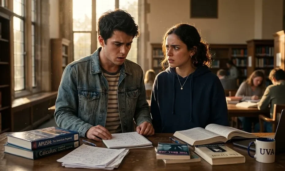 Emotional confrontation scene between main characters in teach me first episode 4 inside a library